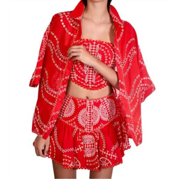 Charo Ruiz Marli Embroidered Mini Skirt L Red Nelum Eyelet Boho Resort - Picture 5 of 12